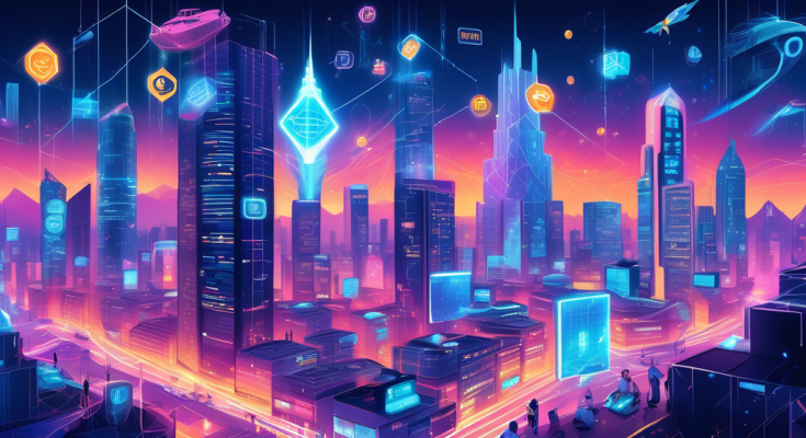 An illustrated futuristic cityscape with towering digital buildings, each representing a top crypto trading platform such as Binance, Coinbase, and Kraken. The buildings are adorned with glowing digital symbols of various cryptocurrencies like Bitcoin, Ethereum, and Cardano. People are seen engaging with holographic trading charts and using augmented reality devices to explore investment opportunities. Flying vehicles shaped like digital wallets are zooming across the sky, signifying secure and fast transactions.