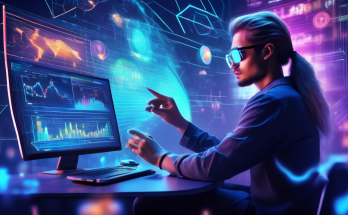 Create a futuristic digital artwork showcasing the top cryptocurrencies to invest in for 2023. Depict a tech-savvy trader analyzing data on a holographic screen in a high-tech environment, with vibrant logos and icons of major cryptocurrencies like Bitcoin, Ethereum, and others floating around. Add dynamic visuals of upward trends, blockchain networks, and secure digital wallets to emphasize growth and innovation in the crypto space.