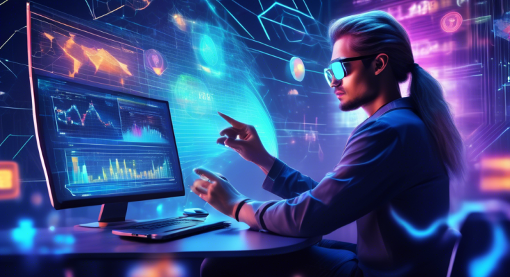 Create a futuristic digital artwork showcasing the top cryptocurrencies to invest in for 2023. Depict a tech-savvy trader analyzing data on a holographic screen in a high-tech environment, with vibrant logos and icons of major cryptocurrencies like Bitcoin, Ethereum, and others floating around. Add dynamic visuals of upward trends, blockchain networks, and secure digital wallets to emphasize growth and innovation in the crypto space.