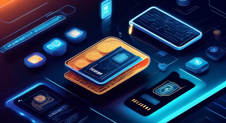 Create a detailed and visually engaging illustration depicting a futuristic digital wallet containing various cryptocurrencies like Bitcoin, Ethereum, and Ripple. The wallet should be designed with advanced security features like biometric locks and encryption symbols, and be set against a sleek, modern backdrop with elements suggesting digital technology and finance. Include graphical representations of blockchain technology and digital transaction flows to emphasize the concept of secure and innovative financial management.