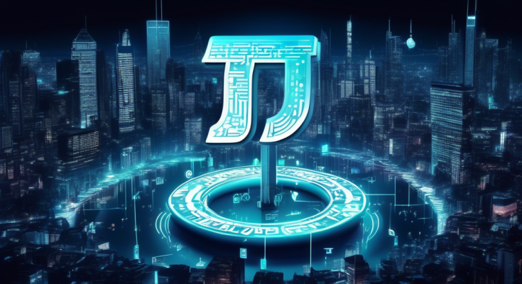 Create a detailed image showing futuristic digital currency symbols floating around a glowing Pi symbol, set against a backdrop of a modern, high-tech city with holographic advertisements and people using advanced digital devices. The atmosphere should be innovative and energetic, symbolizing the revolutionary impact of Pi Coin in the digital currency world.