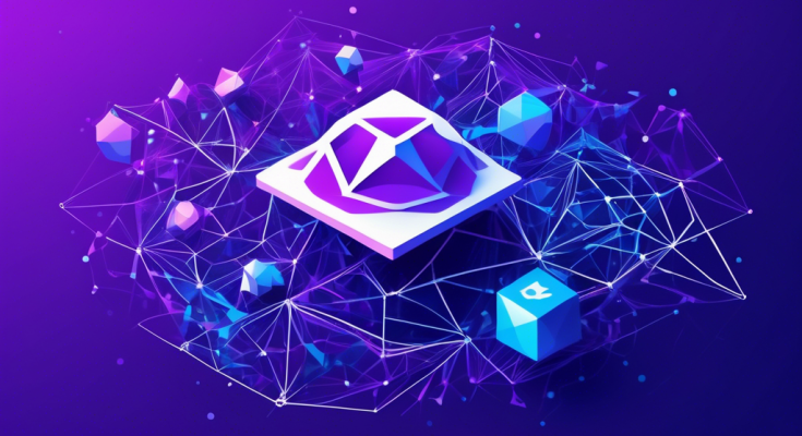 Create a visually engaging illustration that represents the essence of the Polygon cryptocurrency. The image should include stylized graphics of blockchain technology, interconnected network nodes, and the logo of Polygon (MATIC). Use a color palette that reflects the tech and blockchain landscape, with shades of blue, white, and purple. The background can feature abstract digital patterns to convey the cutting-edge, innovative nature of Polygon as a layer 2 scaling solution for Ethereum.