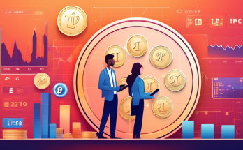 Create an illustration that represents the current state of the Pi Coin price. Show a digital stock market board with Pi Coin prominently displayed, surrounded by financial charts and graphs. Include elements such as coins and symbols of Pi Coin, along with people analyzing the data on their devices. Ensure the background features a modern financial setting to emphasize the contemporary and dynamic nature of cryptocurrency markets.