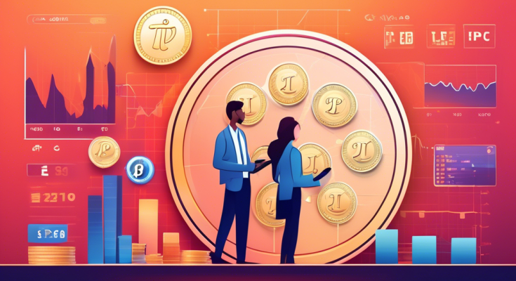 Create an illustration that represents the current state of the Pi Coin price. Show a digital stock market board with Pi Coin prominently displayed, surrounded by financial charts and graphs. Include elements such as coins and symbols of Pi Coin, along with people analyzing the data on their devices. Ensure the background features a modern financial setting to emphasize the contemporary and dynamic nature of cryptocurrency markets.