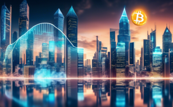 Create an image of a futuristic cityscape with a prominent digital stock market display board showing fluctuating cryptocurrency prices. The background features towering skyscrapers with holographic advertisements for various cryptocurrencies like Bitcoin and Ethereum. The atmosphere is bustling with financial analysts and tech enthusiasts engaging with various digital devices. The overall scene should convey a sense of high-tech urban life and the dynamic nature of cryptocurrency markets.