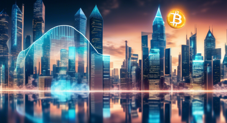 Create an image of a futuristic cityscape with a prominent digital stock market display board showing fluctuating cryptocurrency prices. The background features towering skyscrapers with holographic advertisements for various cryptocurrencies like Bitcoin and Ethereum. The atmosphere is bustling with financial analysts and tech enthusiasts engaging with various digital devices. The overall scene should convey a sense of high-tech urban life and the dynamic nature of cryptocurrency markets.