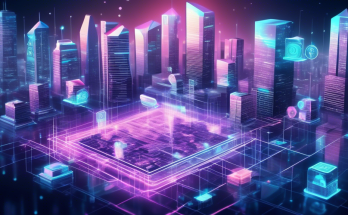 Create an image depicting a futuristic cityscape with high-tech banks labeled Crypto Bank and digital currency symbols like Bitcoin, Ethereum, and Ripple integrated into the architecture. People are making transactions using smartphones, and there are holographic displays showcasing cryptocurrency markets. The atmosphere should be vibrant and optimistic, illustrating the seamless integration of traditional banking with cryptocurrency technology.