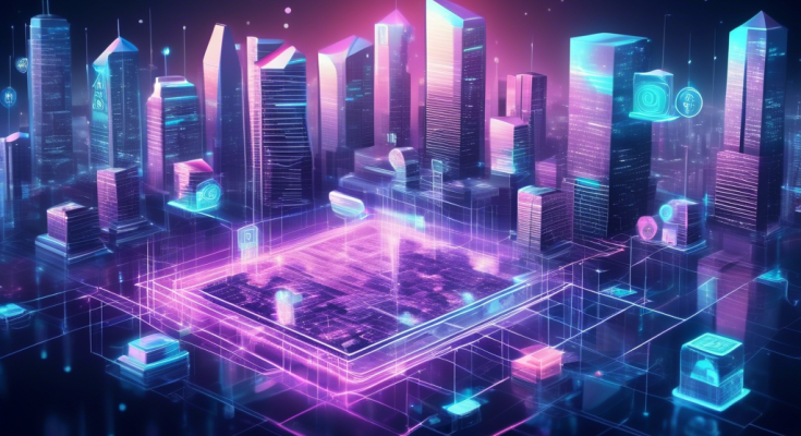 Create an image depicting a futuristic cityscape with high-tech banks labeled Crypto Bank and digital currency symbols like Bitcoin, Ethereum, and Ripple integrated into the architecture. People are making transactions using smartphones, and there are holographic displays showcasing cryptocurrency markets. The atmosphere should be vibrant and optimistic, illustrating the seamless integration of traditional banking with cryptocurrency technology.