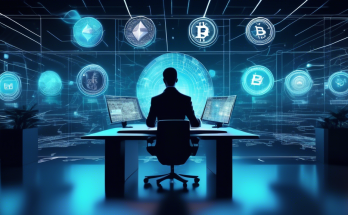 A futuristic digital landscape featuring a person analyzing various crypto platform interfaces on holographic screens, with icons of popular cryptocurrencies like Bitcoin, Ethereum, and Litecoin prominently displayed. The background shows a sleek, modern office with elements of technology and finance blending together seamlessly.