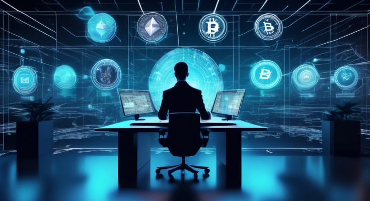 A futuristic digital landscape featuring a person analyzing various crypto platform interfaces on holographic screens, with icons of popular cryptocurrencies like Bitcoin, Ethereum, and Litecoin prominently displayed. The background shows a sleek, modern office with elements of technology and finance blending together seamlessly.