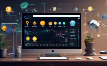 Create an image of a modern, user-friendly interface on a computer screen displaying a cryptocurrency trading platform designed for beginners. Include elements such as simplified charts, clear buy/sell buttons, and helpful tooltips. Surround the computer with supportive visuals like a guidebook titled Crypto 101, a magnifying glass, and friendly icons representing various cryptocurrencies like Bitcoin and Ethereum. In the background, there's a serene, minimalist home office setting with a pot plant, a cup of coffee, and a window showing a sunny day.