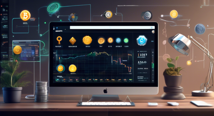 Create an image of a modern, user-friendly interface on a computer screen displaying a cryptocurrency trading platform designed for beginners. Include elements such as simplified charts, clear buy/sell buttons, and helpful tooltips. Surround the computer with supportive visuals like a guidebook titled Crypto 101, a magnifying glass, and friendly icons representing various cryptocurrencies like Bitcoin and Ethereum. In the background, there's a serene, minimalist home office setting with a pot plant, a cup of coffee, and a window showing a sunny day.