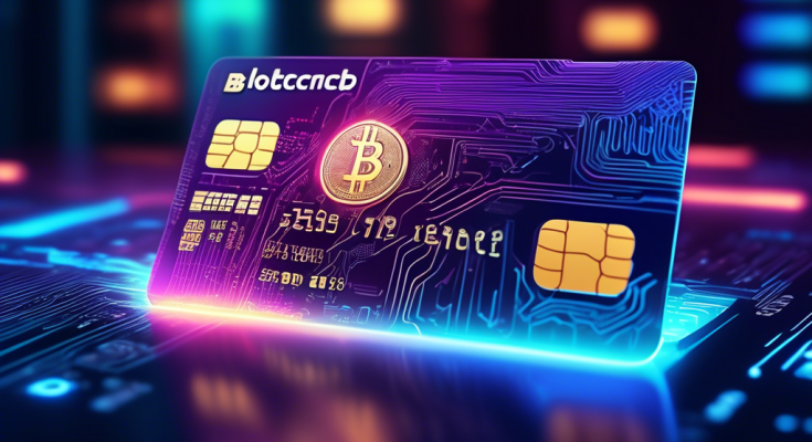 Create a futuristic image of a sleek, modern credit card embedded with digital circuitry and cryptocurrency symbols, such as Bitcoin and Ethereum. The card is being used in a vibrant, high-tech shopping environment, showcasing how digital currency is seamlessly integrated into everyday transactions. The background includes holographic displays and a diverse crowd of people using various digital devices to shop.