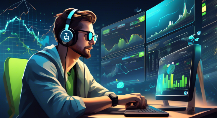 Create a detailed and visually engaging illustration of a person engaging in cryptocurrency trading on the eToro platform. Depict a futuristic, tech-savvy environment with digital screens displaying various cryptocurrency charts and graphs. Highlight the interface of the eToro trading platform on a high-tech laptop. Incorporate visual elements such as Bitcoin, Ethereum, and other popular cryptocurrency symbols floating around to emphasize the focus on digital currency trading.