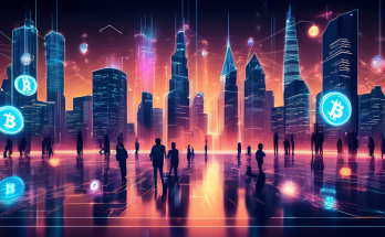 Create a futuristic scene of a bustling digital city with glowing skyscrapers shaped like various cryptocurrencies (Bitcoin, Ethereum, etc.). Include holographic charts displaying rising trends and insights, with people interacting with advanced technology, showcasing the latest in crypto trading and innovation.