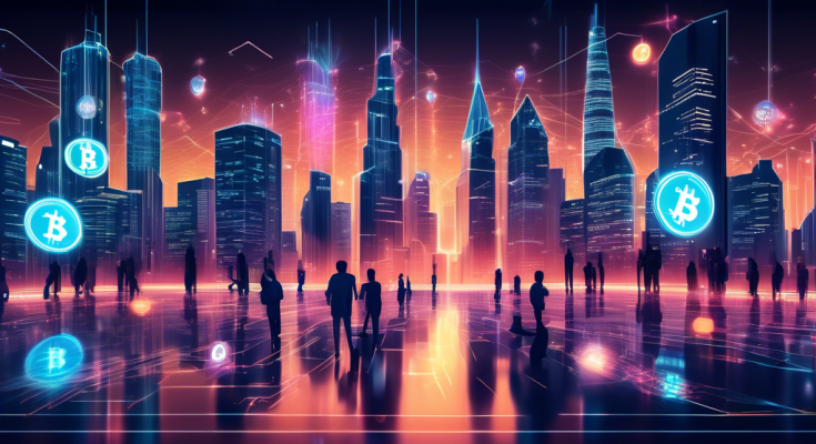 Create a futuristic scene of a bustling digital city with glowing skyscrapers shaped like various cryptocurrencies (Bitcoin, Ethereum, etc.). Include holographic charts displaying rising trends and insights, with people interacting with advanced technology, showcasing the latest in crypto trading and innovation.