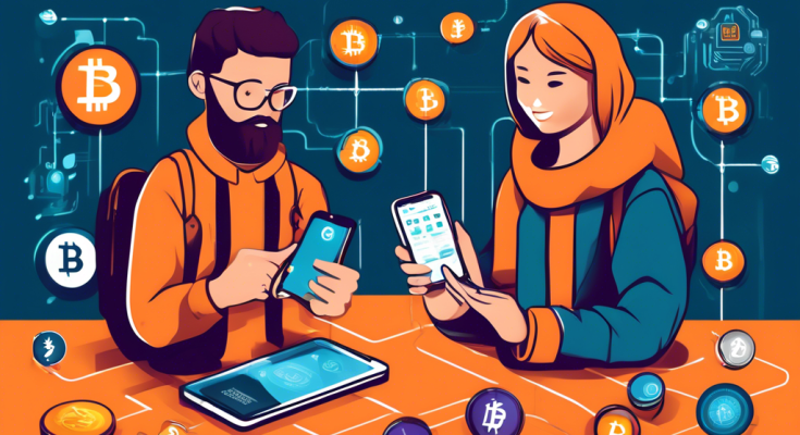 Create an image depicting a friendly, approachable guidebook titled 'How to Buy Cryptocurrency: A Beginner's Guide.' The cover should feature a diverse group of characters holding smartphones and laptops, with symbols of various cryptocurrencies like Bitcoin, Ethereum, and Litecoin floating around them. The background should have a light, modern theme with subtle blockchain and digital graphics, giving a sense of technology and innovation without being overwhelming.