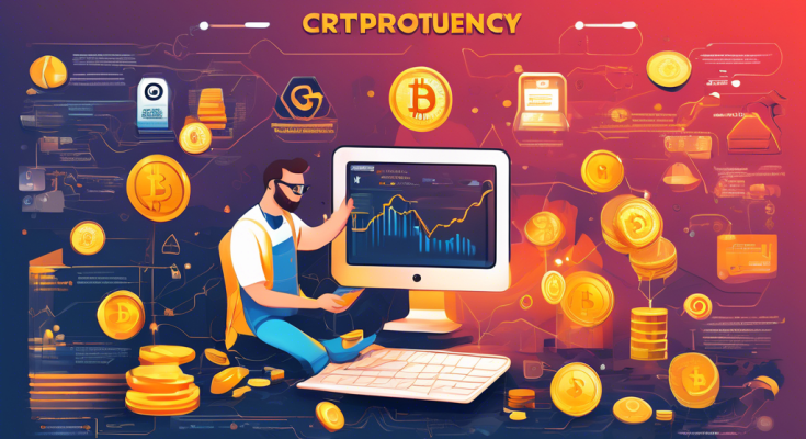 Create a detailed and colorful illustration of a beginner's guide on how to earn cryptocurrency, featuring various methods such as mining, trading, staking, and earning through freelance work. Include visual elements like cryptocurrency icons (Bitcoin, Ethereum, etc.), a computer, a mobile wallet, and a visually appealing, easy-to-read infographic layout.