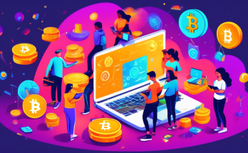 A colorful digital illustration of beginners learning how to earn free cryptocurrency. Show diverse people using laptops and smartphones, with symbols of popular cryptocurrencies like Bitcoin, Ethereum, and Litecoin floating above them. Include elements like small treasure chests opening to reveal coins, a step-by-step guidebook in the corner, and a friendly chatbot offering tips and guidance.