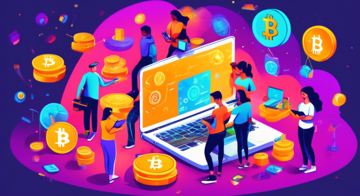 A colorful digital illustration of beginners learning how to earn free cryptocurrency. Show diverse people using laptops and smartphones, with symbols of popular cryptocurrencies like Bitcoin, Ethereum, and Litecoin floating above them. Include elements like small treasure chests opening to reveal coins, a step-by-step guidebook in the corner, and a friendly chatbot offering tips and guidance.