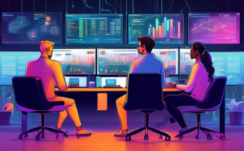 A detailed illustration showing a diverse group of people at their computers, each focused on screens displaying various crypto-related stocks and graphs. The setting is a modern, well-lit office with elements of blockchain technology, such as digital coins with Bitcoin and Ethereum logos, floating transparently in the background. A large, central monitor displays the text Investing in Crypto Stocks: A Beginner's Guide with icons of popular cryptocurrencies and stock market symbols. The atmosphere is energetic and educational, emphasizing the theme of beginning one's journey into crypto stock investments.