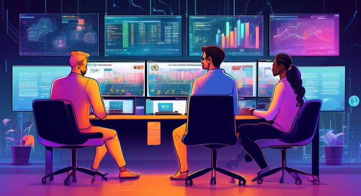 A detailed illustration showing a diverse group of people at their computers, each focused on screens displaying various crypto-related stocks and graphs. The setting is a modern, well-lit office with elements of blockchain technology, such as digital coins with Bitcoin and Ethereum logos, floating transparently in the background. A large, central monitor displays the text Investing in Crypto Stocks: A Beginner's Guide with icons of popular cryptocurrencies and stock market symbols. The atmosphere is energetic and educational, emphasizing the theme of beginning one's journey into crypto stock investments.