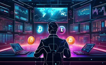 Create a futuristic digital artwork showcasing a sleek, advanced crypto trading bot analyzing multiple cryptocurrency charts on holographic screens, surrounded by symbols of various cryptocurrencies like Bitcoin, Ethereum, and Litecoin, with a backdrop of a high-tech trading floor. The scene should convey a sense of precision, automation, and high profitability.