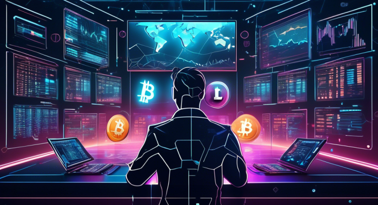 Create a futuristic digital artwork showcasing a sleek, advanced crypto trading bot analyzing multiple cryptocurrency charts on holographic screens, surrounded by symbols of various cryptocurrencies like Bitcoin, Ethereum, and Litecoin, with a backdrop of a high-tech trading floor. The scene should convey a sense of precision, automation, and high profitability.