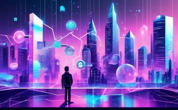 Create an image depicting the future of crypto marketing: a futuristic city skyline with holographic advertisements featuring various cryptocurrencies. In the scene, marketers use augmented reality glasses to analyze data and trends. Include diverse, tech-savvy professionals collaborating on innovative marketing strategies, surrounded by digital charts and graphs showing rising trends.