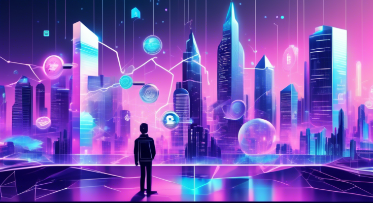 Create an image depicting the future of crypto marketing: a futuristic city skyline with holographic advertisements featuring various cryptocurrencies. In the scene, marketers use augmented reality glasses to analyze data and trends. Include diverse, tech-savvy professionals collaborating on innovative marketing strategies, surrounded by digital charts and graphs showing rising trends.