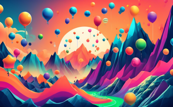 Create an image depicting the rise and fall of cryptocurrency bubbles. Show a graph-like landscape with fluctuating mountains and valleys symbolizing market instability. Feature various cryptocurrencies like Bitcoin, Ethereum, and Dogecoin represented as balloons, some are rising high, while others are popping and falling. Use vibrant colors for the peaks and muted tones for the declines to emphasize market dynamics.