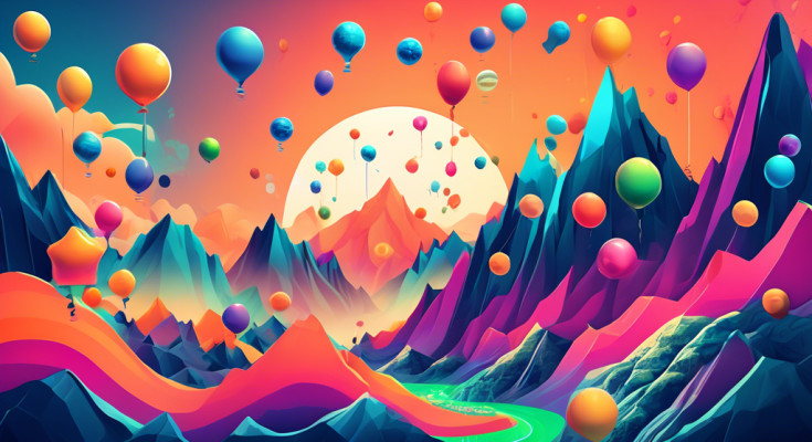 Create an image depicting the rise and fall of cryptocurrency bubbles. Show a graph-like landscape with fluctuating mountains and valleys symbolizing market instability. Feature various cryptocurrencies like Bitcoin, Ethereum, and Dogecoin represented as balloons, some are rising high, while others are popping and falling. Use vibrant colors for the peaks and muted tones for the declines to emphasize market dynamics.