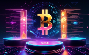 Create an image featuring a futuristic podium with three steps labeled '1st', '2nd', and '3rd'. Each step has a bright, holographic representation of a popular cryptocurrency logo (Bitcoin, Ethereum, and Binance Coin) levitating above it. The background should resemble a digital, high-tech environment with glowing circuit patterns, charts, and cryptocurrency symbols. Make the scene dynamic with vibrant colors and light effects to emphasize the competitive and cutting-edge nature of the best cryptocurrencies.