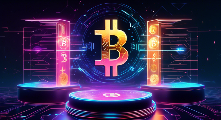 Create an image featuring a futuristic podium with three steps labeled '1st', '2nd', and '3rd'. Each step has a bright, holographic representation of a popular cryptocurrency logo (Bitcoin, Ethereum, and Binance Coin) levitating above it. The background should resemble a digital, high-tech environment with glowing circuit patterns, charts, and cryptocurrency symbols. Make the scene dynamic with vibrant colors and light effects to emphasize the competitive and cutting-edge nature of the best cryptocurrencies.