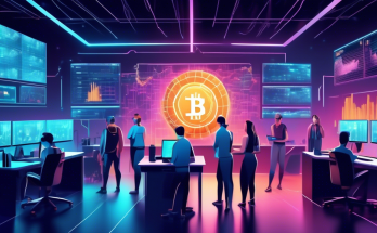 Create an image depicting a high-tech crypto mining facility with rows of powerful computers and cooling systems. In the background, show a large digital screen displaying real-time cryptocurrency values and trends. Include people studying charts and graphs, symbolizing beginners starting their crypto journey. The atmosphere should be futuristic and vibrant, highlighting the intersection of technology and finance.