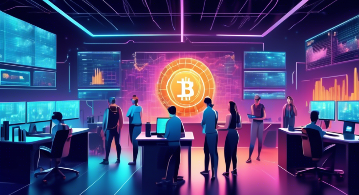 Create an image depicting a high-tech crypto mining facility with rows of powerful computers and cooling systems. In the background, show a large digital screen displaying real-time cryptocurrency values and trends. Include people studying charts and graphs, symbolizing beginners starting their crypto journey. The atmosphere should be futuristic and vibrant, highlighting the intersection of technology and finance.