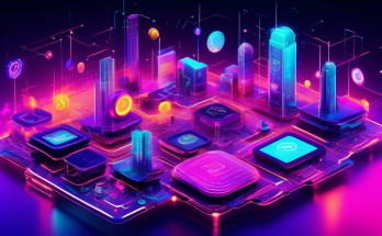 Create an image of a vibrant, futuristic digital landscape with a variety of sleek websites and app icons highlighted in bright neon colors. Each site represents a leading cryptocurrency platform for 2023, featuring elements like blockchain symbols, crypto coins, and digital ledgers. The background should convey advanced technology and innovation, with glowing circuits and a network of interconnected nodes. Include elements such as holographic charts, AR/VR gear, and user interfaces to depict a high-tech browsing experience.