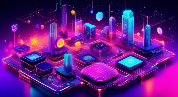 Create an image of a vibrant, futuristic digital landscape with a variety of sleek websites and app icons highlighted in bright neon colors. Each site represents a leading cryptocurrency platform for 2023, featuring elements like blockchain symbols, crypto coins, and digital ledgers. The background should convey advanced technology and innovation, with glowing circuits and a network of interconnected nodes. Include elements such as holographic charts, AR/VR gear, and user interfaces to depict a high-tech browsing experience.