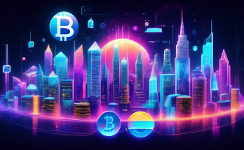 Create a visually striking digital illustration featuring a futuristic city skyline with various cryptocurrencies symbolized as glowing holograms floating above iconic buildings. Each hologram should prominently display the logo and name of top-performing cryptocurrencies, such as Bitcoin, Ethereum, and other trending altcoins. Include diverse people excitedly interacting with the holograms using high-tech gadgets, highlighting the current strong interest in cryptocurrency investments.