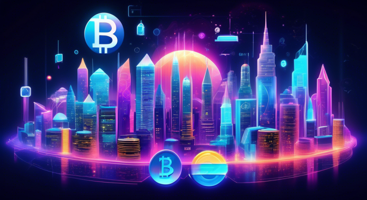 Create a visually striking digital illustration featuring a futuristic city skyline with various cryptocurrencies symbolized as glowing holograms floating above iconic buildings. Each hologram should prominently display the logo and name of top-performing cryptocurrencies, such as Bitcoin, Ethereum, and other trending altcoins. Include diverse people excitedly interacting with the holograms using high-tech gadgets, highlighting the current strong interest in cryptocurrency investments.