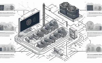 Create an infographic-style image illustrating the basics of cryptocurrency mining. Include visuals of a mining rig with GPUs, blockchain diagrams, digital coins like Bitcoin, and simplified representations of data blocks being added to a chain. Use modern and clean design elements to convey the complex process in an easy-to-understand way.