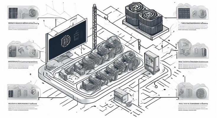 Create an infographic-style image illustrating the basics of cryptocurrency mining. Include visuals of a mining rig with GPUs, blockchain diagrams, digital coins like Bitcoin, and simplified representations of data blocks being added to a chain. Use modern and clean design elements to convey the complex process in an easy-to-understand way.