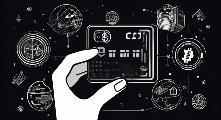 Create an illustrative image depicting the advantages of a crypto credit card: a hand holding a sleek, futuristic credit card adorned with cryptocurrency symbols, while an array of benefits like low fees, global access, secure transactions, and rewards icons such as travel points and cashback emerge in a dynamic, digital backdrop.