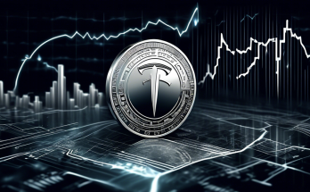 Create an illustrative image that shows a futuristic digital coin with the Tesla logo, surrounded by rising and falling stock market graphs and charts. The background should feature elements of both technological innovation and financial markets, such as circuit boards and dollar signs, to emphasize the fluctuating nature of the Tesla Coin price.