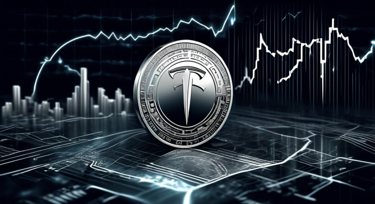 Create an illustrative image that shows a futuristic digital coin with the Tesla logo, surrounded by rising and falling stock market graphs and charts. The background should feature elements of both technological innovation and financial markets, such as circuit boards and dollar signs, to emphasize the fluctuating nature of the Tesla Coin price.