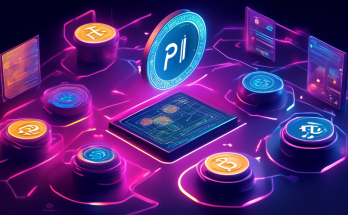 Create an illustration depicting the value of Pi Coin in the digital currency market. The scene should showcase a futuristic trading floor with holographic screens displaying various cryptocurrency data. At the center, highlight Pi Coin with a glowing symbol, surrounded by other well-known cryptocurrencies like Bitcoin and Ethereum. Include elements that convey the security, accessibility, and technological innovation associated with Pi Coin.