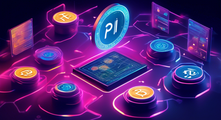 Create an illustration depicting the value of Pi Coin in the digital currency market. The scene should showcase a futuristic trading floor with holographic screens displaying various cryptocurrency data. At the center, highlight Pi Coin with a glowing symbol, surrounded by other well-known cryptocurrencies like Bitcoin and Ethereum. Include elements that convey the security, accessibility, and technological innovation associated with Pi Coin.