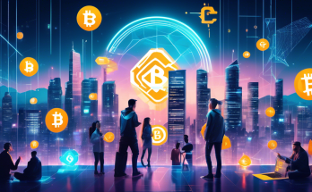 Create an image of a futuristic cityscape with digital currency symbols floating above the skyline, representing various cryptocurrencies. In the foreground, depict a diverse group of people interacting on a high-tech platform, showcasing the concept of a crypto exchange like Binance. Incorporate elements like computer screens displaying charts and graphs, digital wallets, and the Binance logo subtly integrated into the scene. The overall atmosphere should convey innovation, technology, and global connectivity in the realm of digital finance.