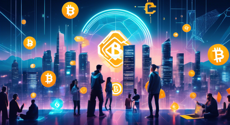 Create an image of a futuristic cityscape with digital currency symbols floating above the skyline, representing various cryptocurrencies. In the foreground, depict a diverse group of people interacting on a high-tech platform, showcasing the concept of a crypto exchange like Binance. Incorporate elements like computer screens displaying charts and graphs, digital wallets, and the Binance logo subtly integrated into the scene. The overall atmosphere should convey innovation, technology, and global connectivity in the realm of digital finance.