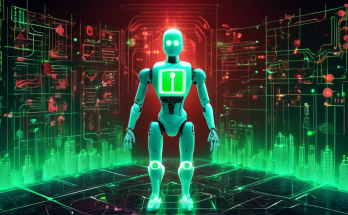 Create an image illustrating a futuristic digital landscape where a humanoid robot, partially made of glowing circuits and blockchain symbols, interacts with floating holographic charts and cryptocurrency symbols like Bitcoin and Ethereum. The background should feature a blend of technology and finance elements, with a balance of green (representing benefits) and red (indicating risks) colors illuminating the scene. This visual should convey the dual nature of using crypto bots in the digital financial world.